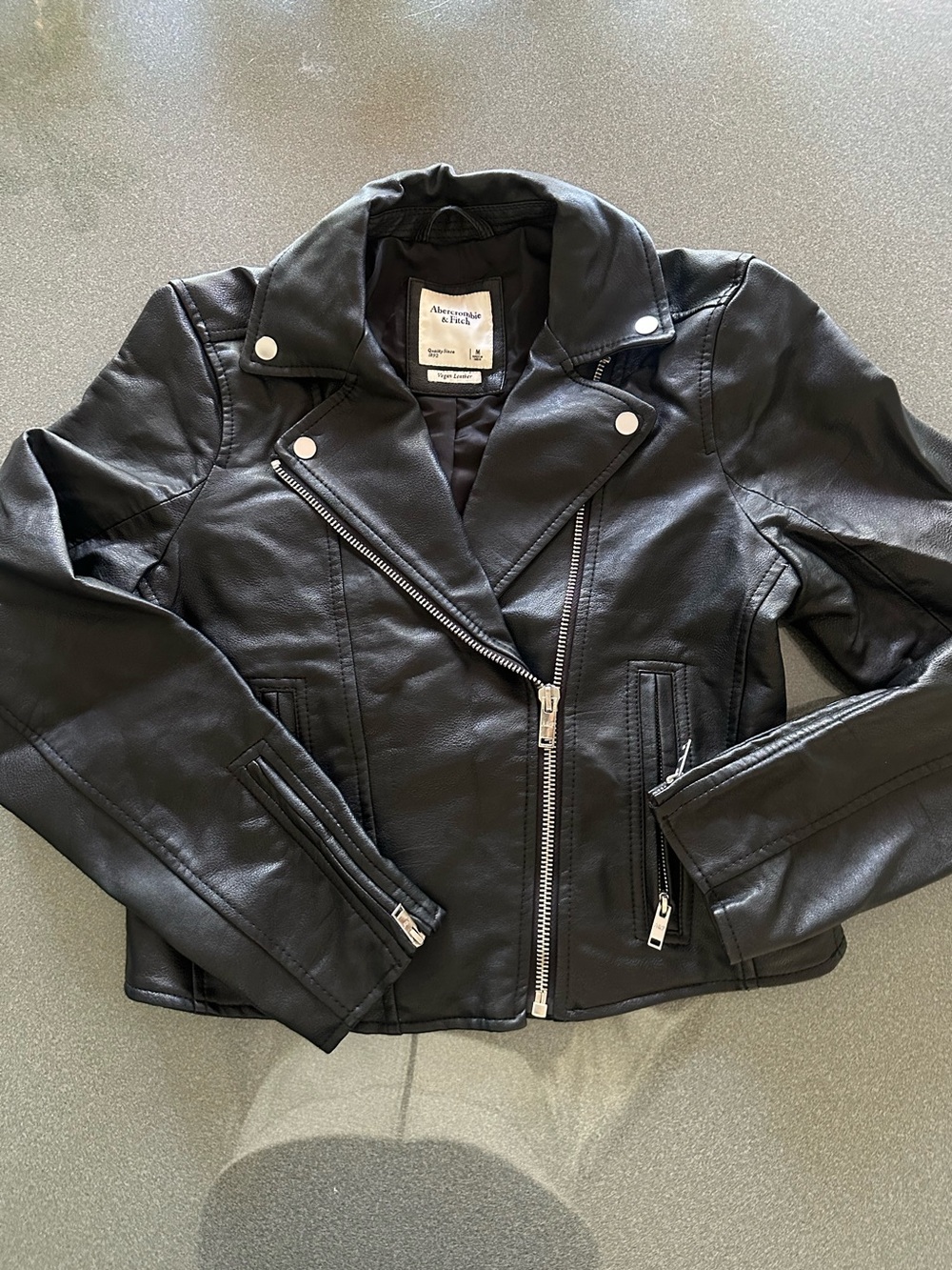 Abercrombie & Fitch Black Vegan Leather Jacket silver zipper daetails